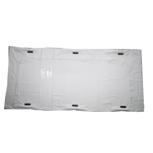 White PVC body bag, with an envelope-style zipper and six built-in handles