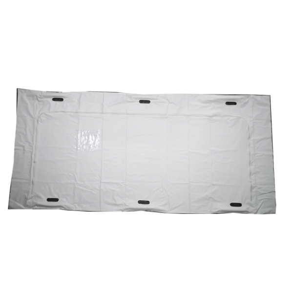 White PVC body bag, with an envelope-style zipper and six built-in handles